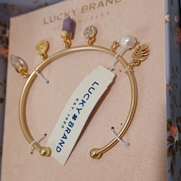 LUCKY BRAND 🍀 GOLD QUARTZ AMETHYST HEALIING GEMSTONES CHARM BANGLE BRACELET - Picture 4 of 9